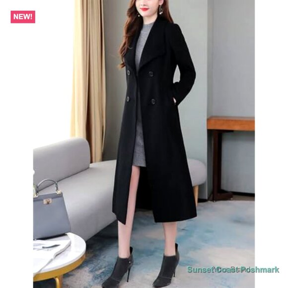 Wool Blend Trench Coat with Shawl Collar, Double Breasted - Picture 3 of 6